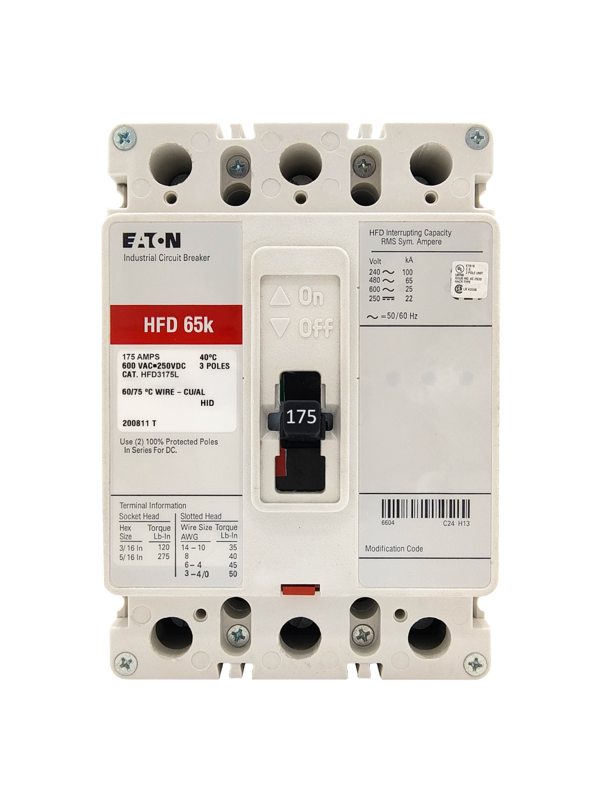 New Eaton HFD3175L Circuit Breaker 175 Amp 600VAC 3 Pole - stock 1