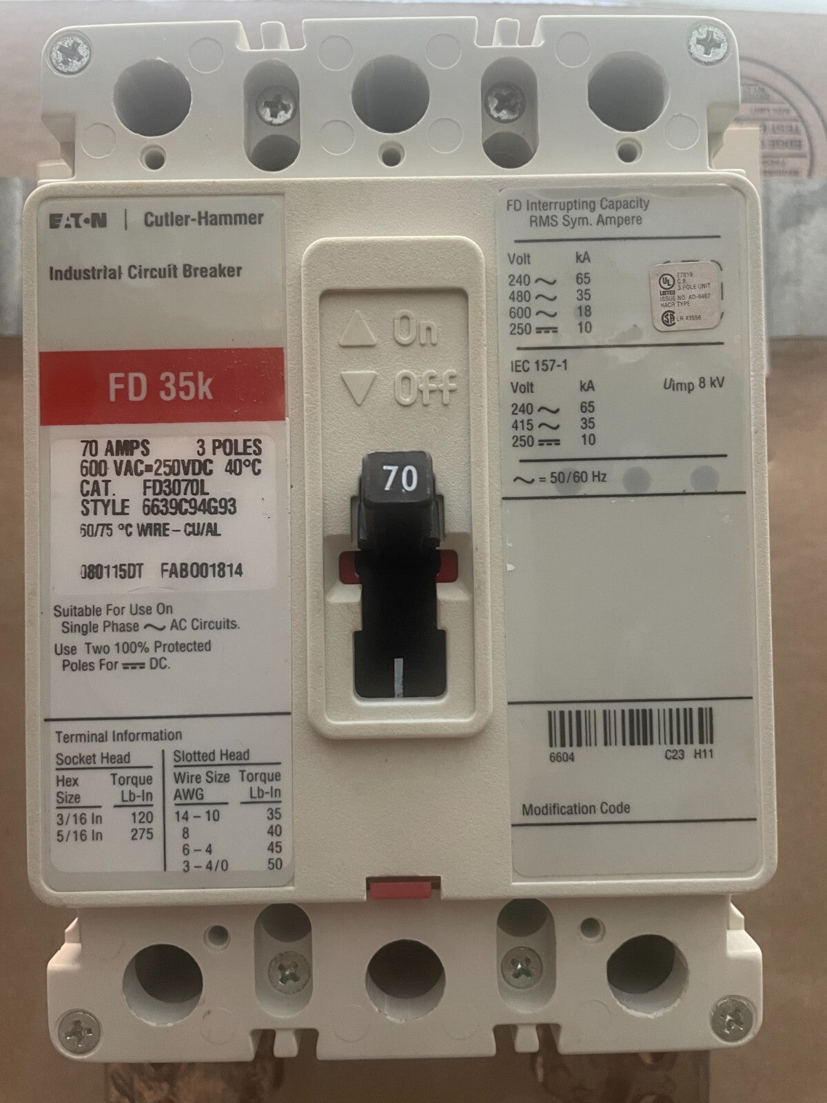 Eaton FD3070L 70A 3-Pole 600V Circuit Breaker - actual 1