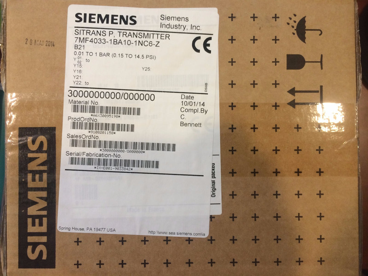 NEW SIEMENS SITRANS PRESSURE TRANSMITTER 7MF4033-1BA10-1NC6-Z .15-14.5PSI -QTY - actual 1