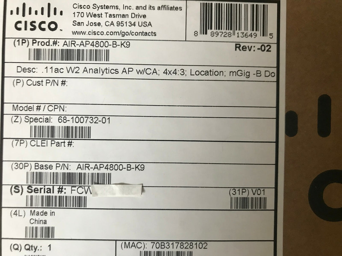 New Sealed Cisco AIR-AP4800-B-K9 Cisco Aironet 4800 Access Point -Quantity Avail - actual 1