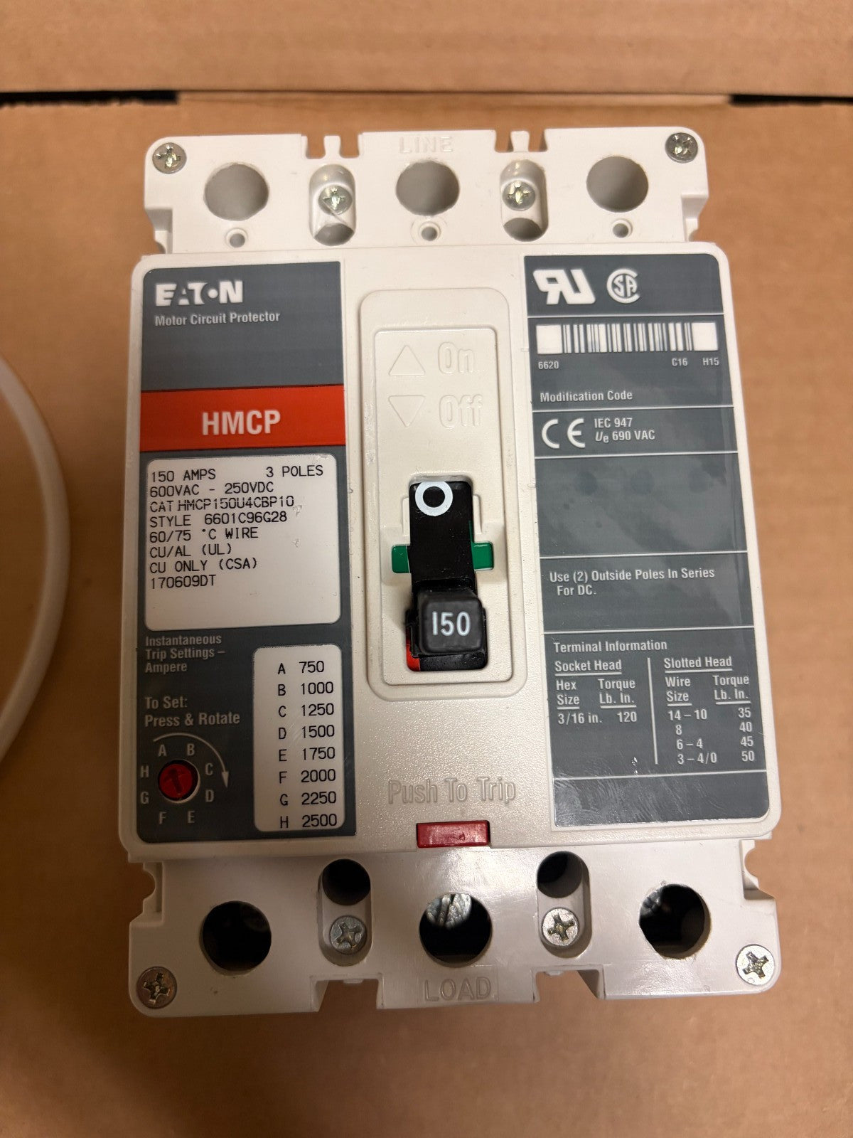 Eaton HCMP150U4CBP10 Circuit Breaker Series C, 3 Pole, 150 Amps, 600 VAC - actual 1